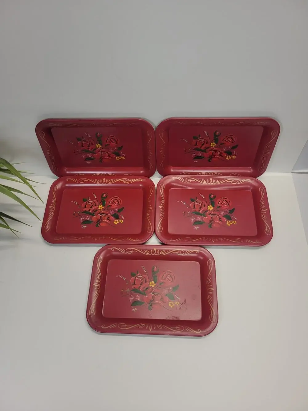 5 Retro Vintage Tip Trinket Trays, Red Rose Floral, Tin Snack Tidbit Cottagecore